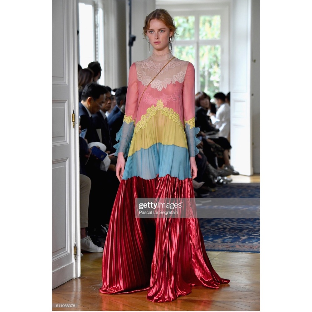 VALENTINO PLEATED COLORBLOCK LACE SILK MAXI GOWN